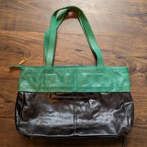 Leather Tote Bag, Hobo the Original, Two Tone Black & Green